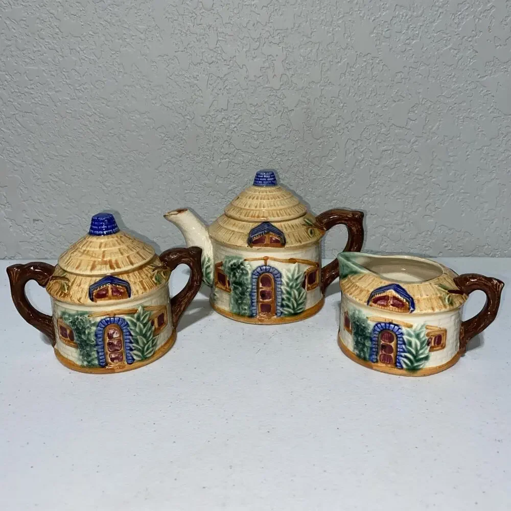 VTG Made In Occupied Japan Tea Set‎ Teapot Sugar Creamer Cottage Hut 3 Piece